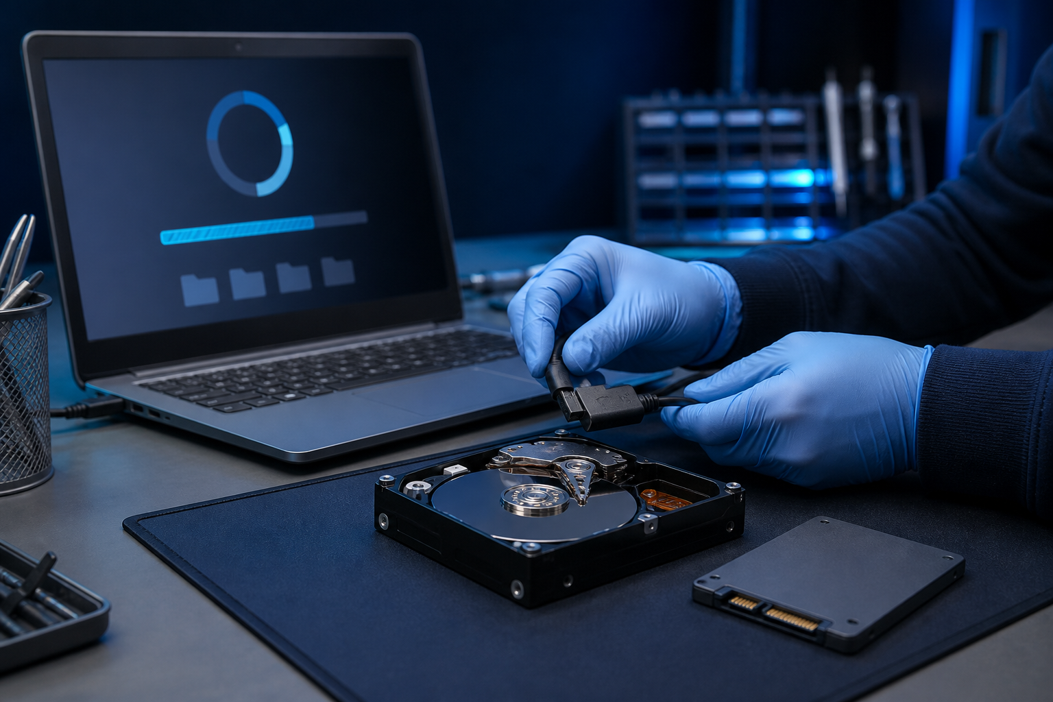 Technicien réalisant une récupération de données sur un disque dur